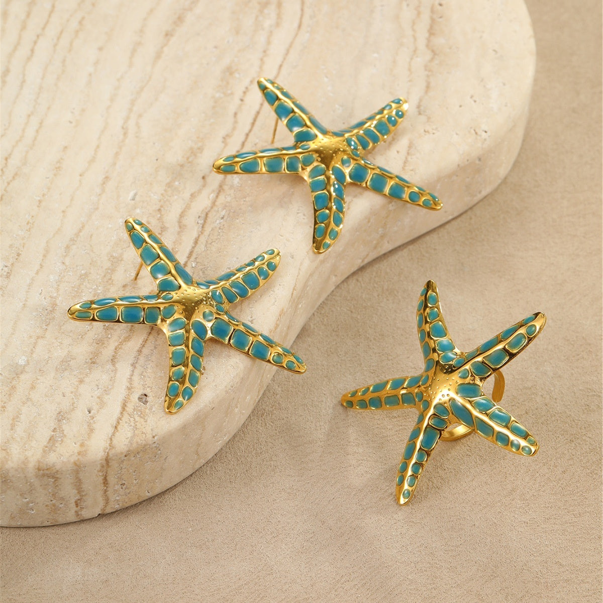 Ocean Style Stainless Steel Colorful Oil Earrings Starfish Earrings Eye-catching Ring