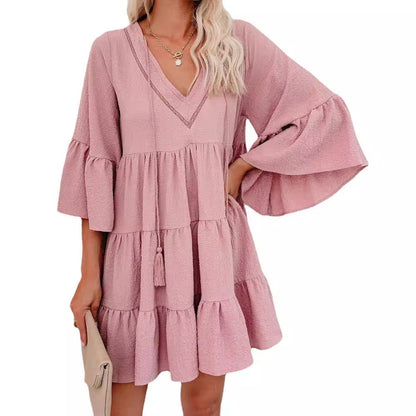 V-neck Lace-up Fringe Lace-up Ruffled Dress