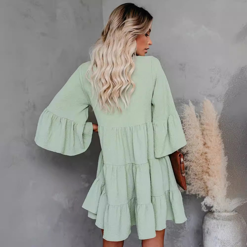 V-neck Lace-up Fringe Lace-up Ruffled Dress