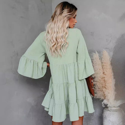 V-neck Lace-up Fringe Lace-up Ruffled Dress