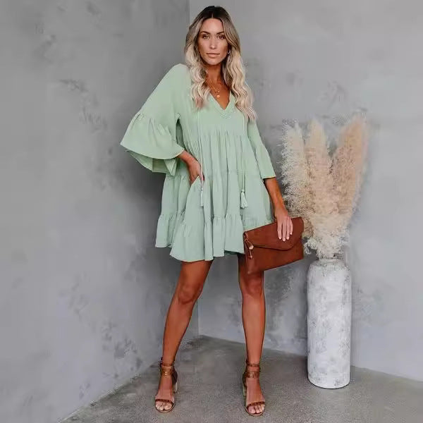 V-neck Lace-up Fringe Lace-up Ruffled Dress