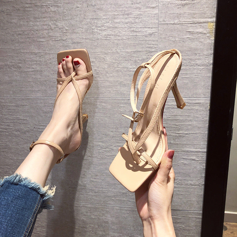 Nude Lace-up Square Toe Lace-up High Heels
