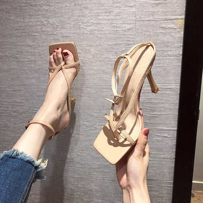 Nude Lace-up Square Toe Lace-up High Heels