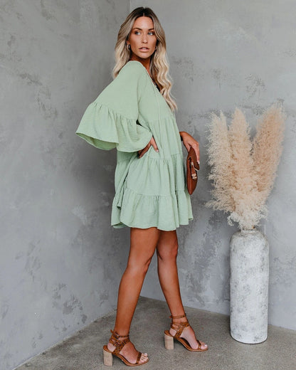 V-neck Lace-up Fringe Lace-up Ruffled Dress
