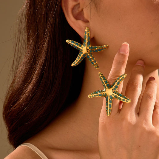 Ocean Style Stainless Steel Colorful Oil Earrings Starfish Earrings Eye-catching Ring