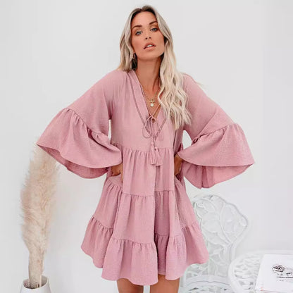 V-neck Lace-up Fringe Lace-up Ruffled Dress